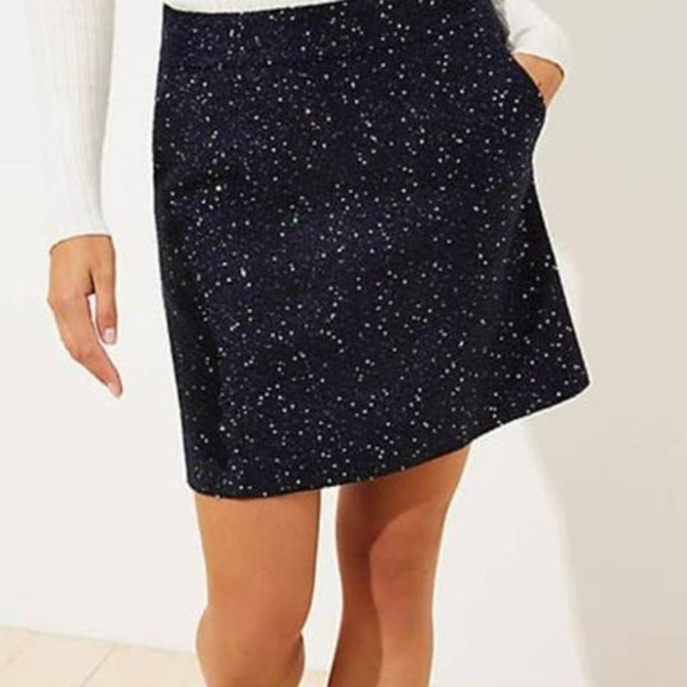 LOFT Navy Boucle Sequin Shift Skirt